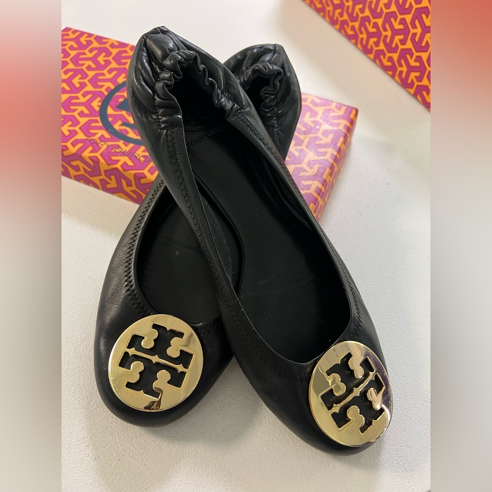 Tory Burch Black and Gold Reva Ballet Flats